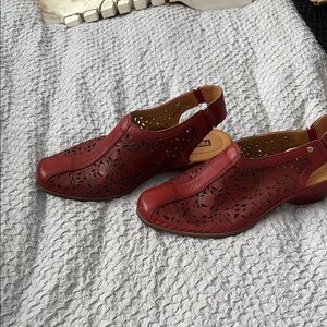 PIKOLINOS Red Leather Mules with Intricate Design.
